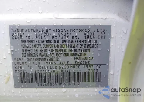 2021 Nissan Sentra Sr Xtronic Cvt z USA, uszkodzony, nr VIN 3N1AB8DV9MY208332